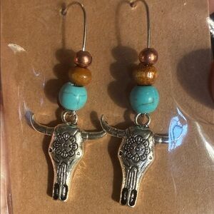 Turquoise & Brown Longhorn Dangle Earrings - Western Jewelry